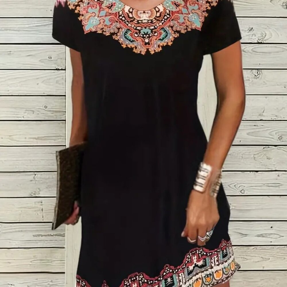 Ethnic Floral Print Dress, Scoop Neck Short Sleeve Dress- never worn